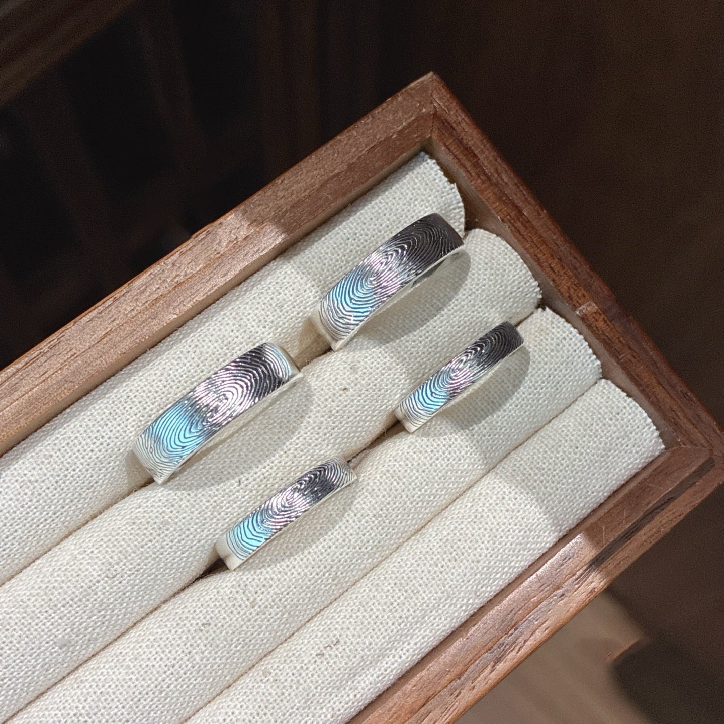Set Of 2 999 Sterling Silver Engraved Fingerprint Rings, Elegant Sentimental Style, Ideal For Anniversaries & Wedding Gifts