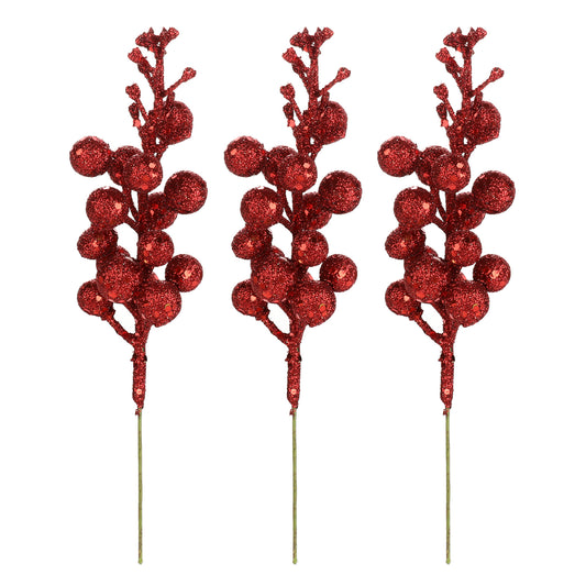 3Pcs Xmas Tree Decoration Berries Shining Sequined Simulated Wreath Rattan Decorative Accessories 15 Heads Holiday Home Decor Red