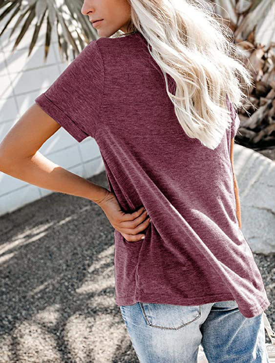 Women's Henley Neck Button Detail Curved Hem Pocket Decor Casual Short Sleeve T-Shirt