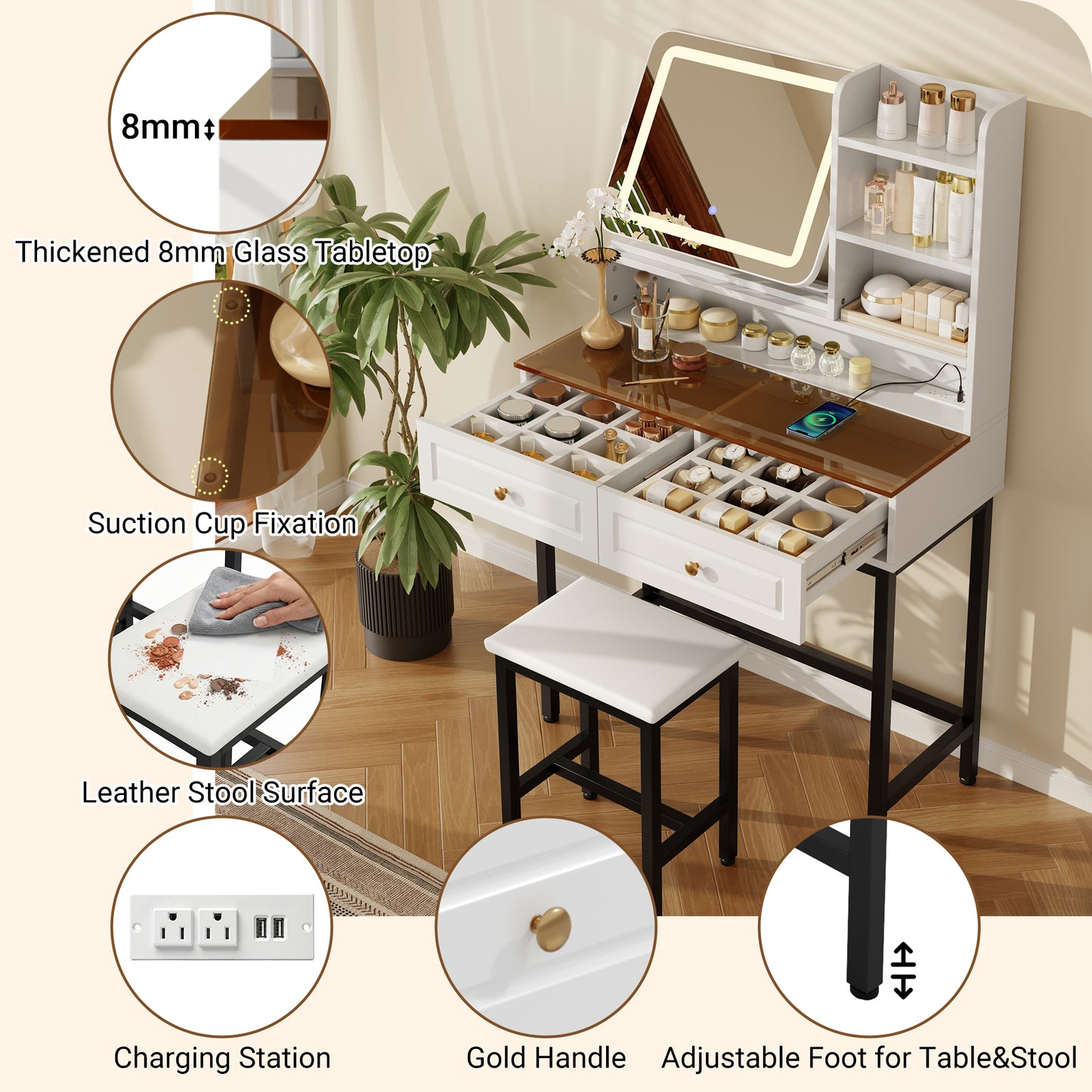 Makeup Vanity With LED Lighted Mirror,  360 Rotatable Mirror, Vanity Desk With 2 Drawers,Power Outlet And 3-Tier Shelves, Amber Glass Table Top, Dressing Table With Sturdy Metal Leg And  Stool, White