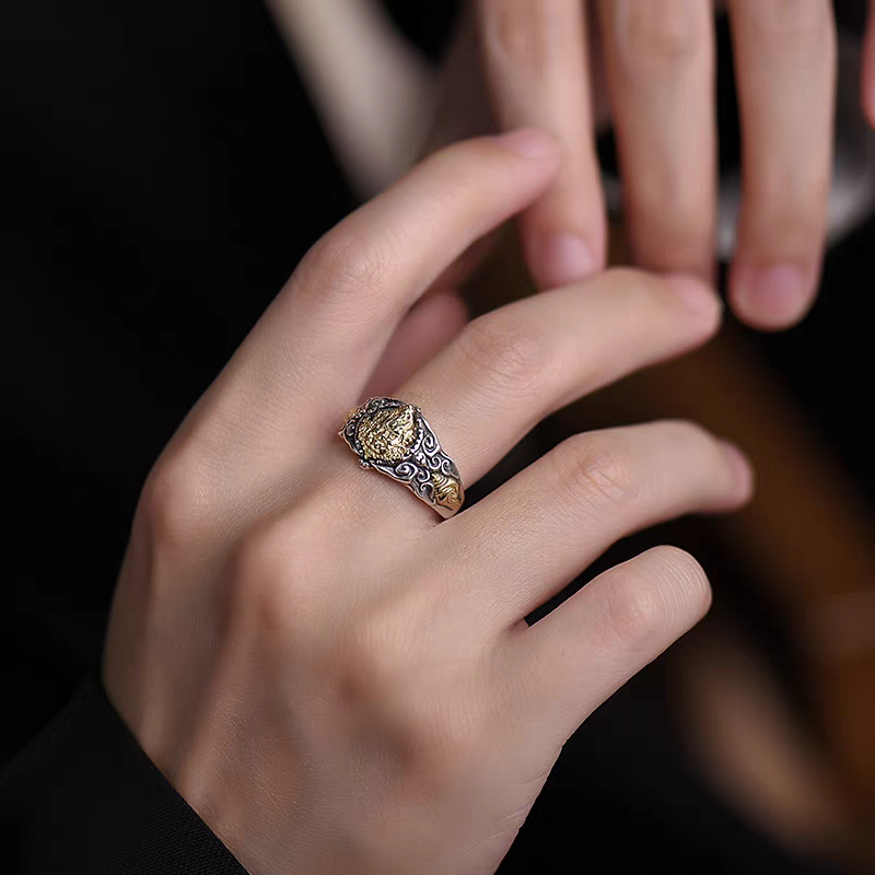 1pc 999 Sterling Silver Two-tone Wealth God Open Ring, Retro Ethnic Style, Perfect For Daily Wear & Valentine's Day Gift