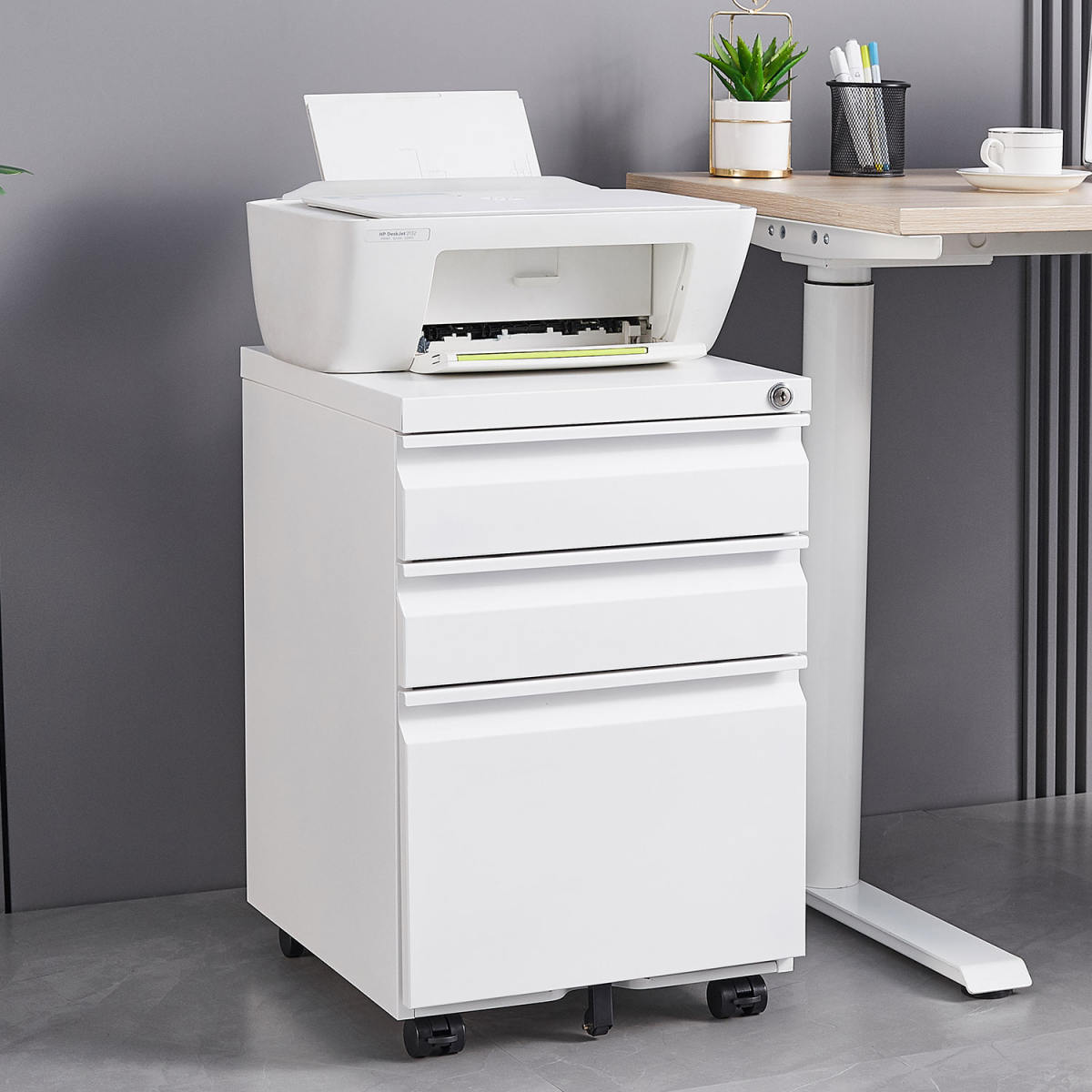 Installation Required 3 Drawer Mobile Filing Cabinet With Lock, Legal Letter Sized Office Storage Filing Cabinet, Metal Filing Cabinet White,suitable For Offices And Study Rooms