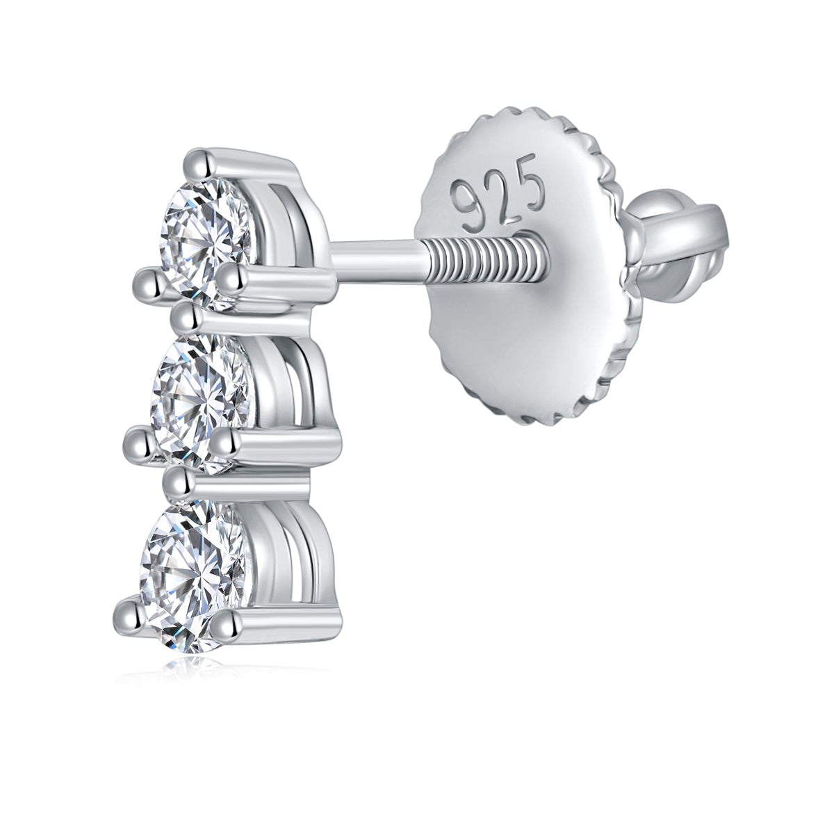 S925 Sterling Silver Moissanite 3 Stone Earrings  Round Cut Screw Back Studs With GRA Certificate Platinum Plated Vertical Drop Jewelry Gift Box Set For Women