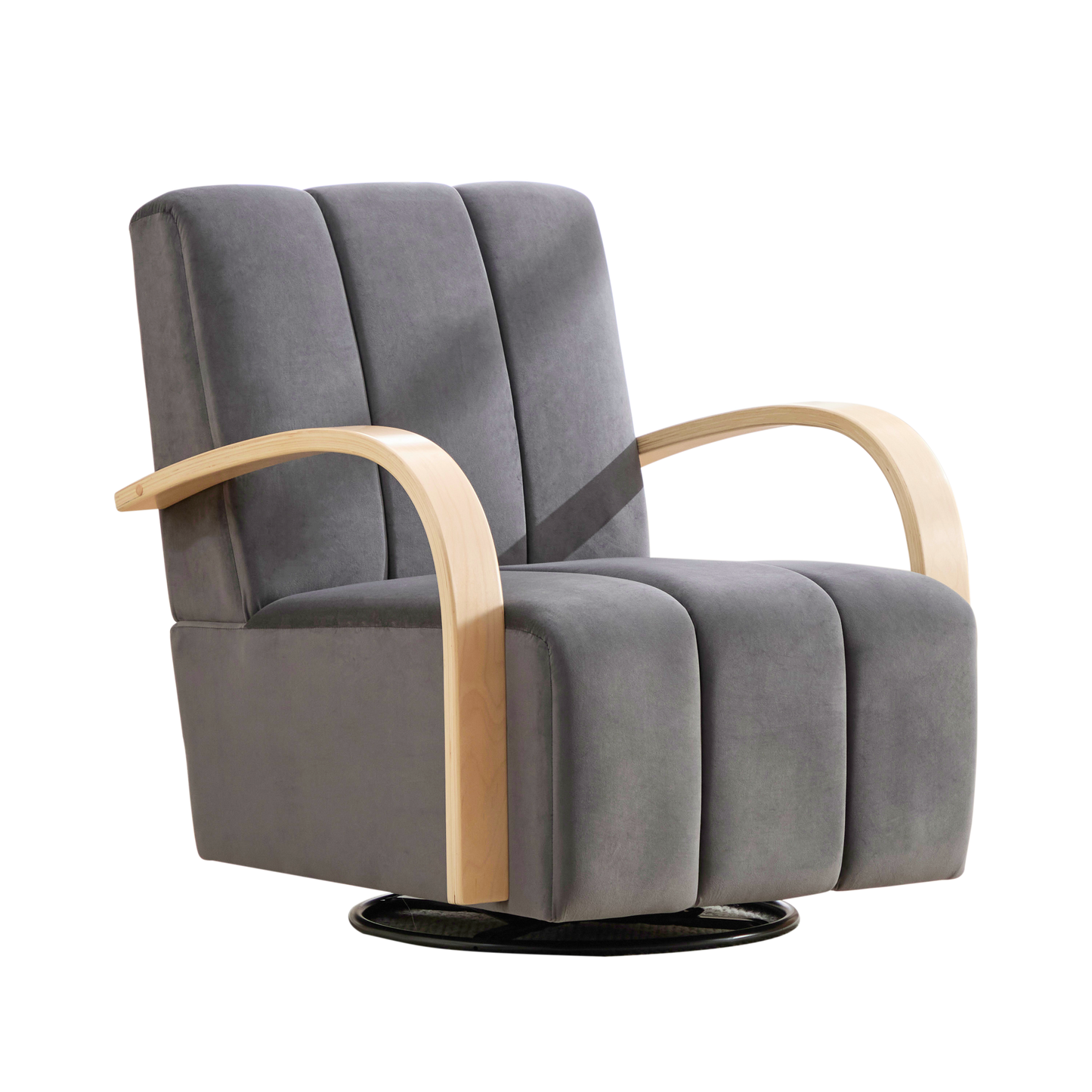 30.7 W Upholstered 360 Swivel Accent Chair With Solid Wood Armrests And Comfy Channel Tufted Lounge Reading Chair, Single Sofa Armchair For Hotel Bedroom Living Room Office And Bedroom. Charcoal
