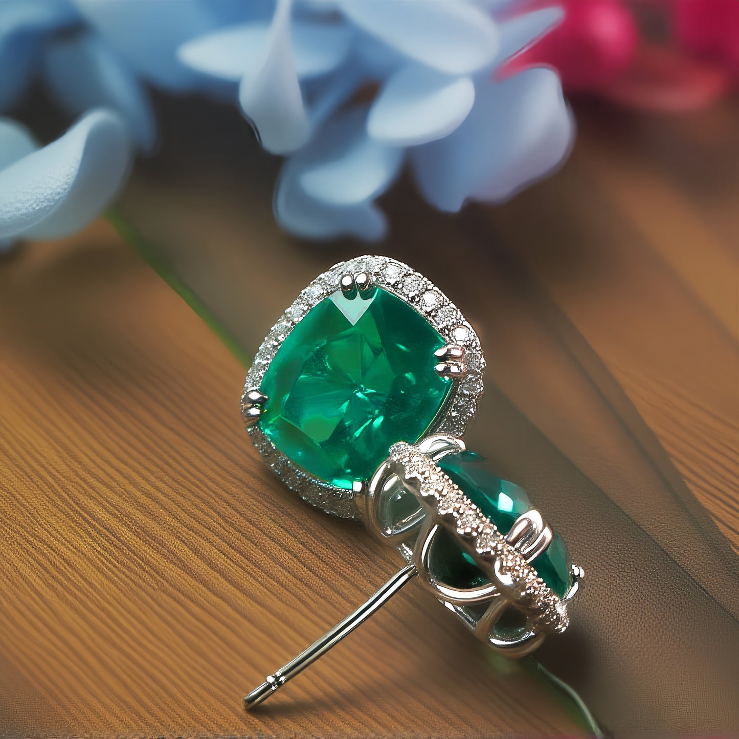 Cushion Shape Emerald Green CZ Single Halo Stud Earrings For Women, Copper Silver Plated White Crystal Vintage Bridal Wedding Daily Statement Jewelry Gift