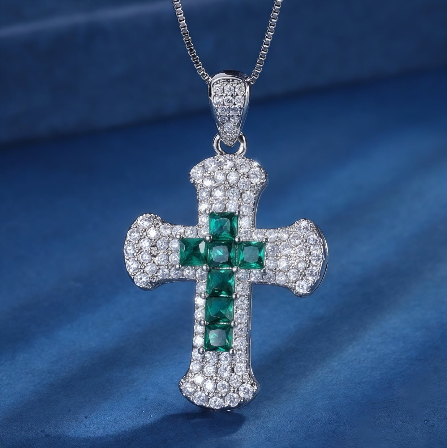 Princess Cut Emerald Green CZ Center Cross Pendant Necklace For Women, Copper Plated Silver Full Pave White Cubic Zirconia Religious Faith Christian Jewelry Gift