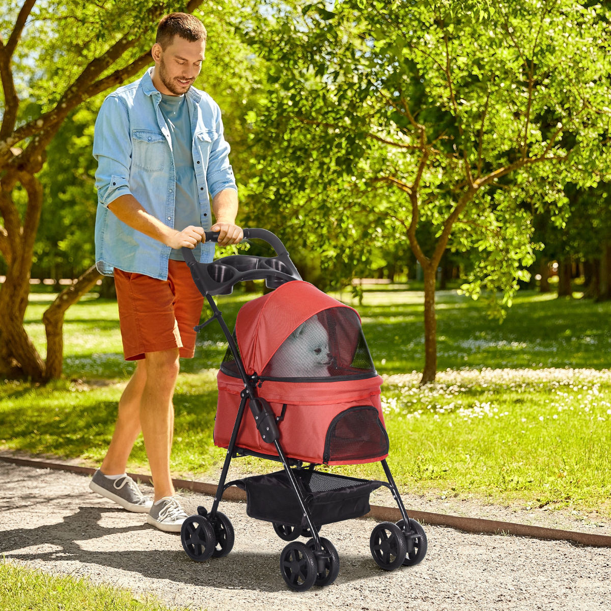PawHut Dog Pram Dog Stroller Foldable Pet Pushchair With 4 Wheels, Safety Leashes, Cup Holder For Small Dogs, Red