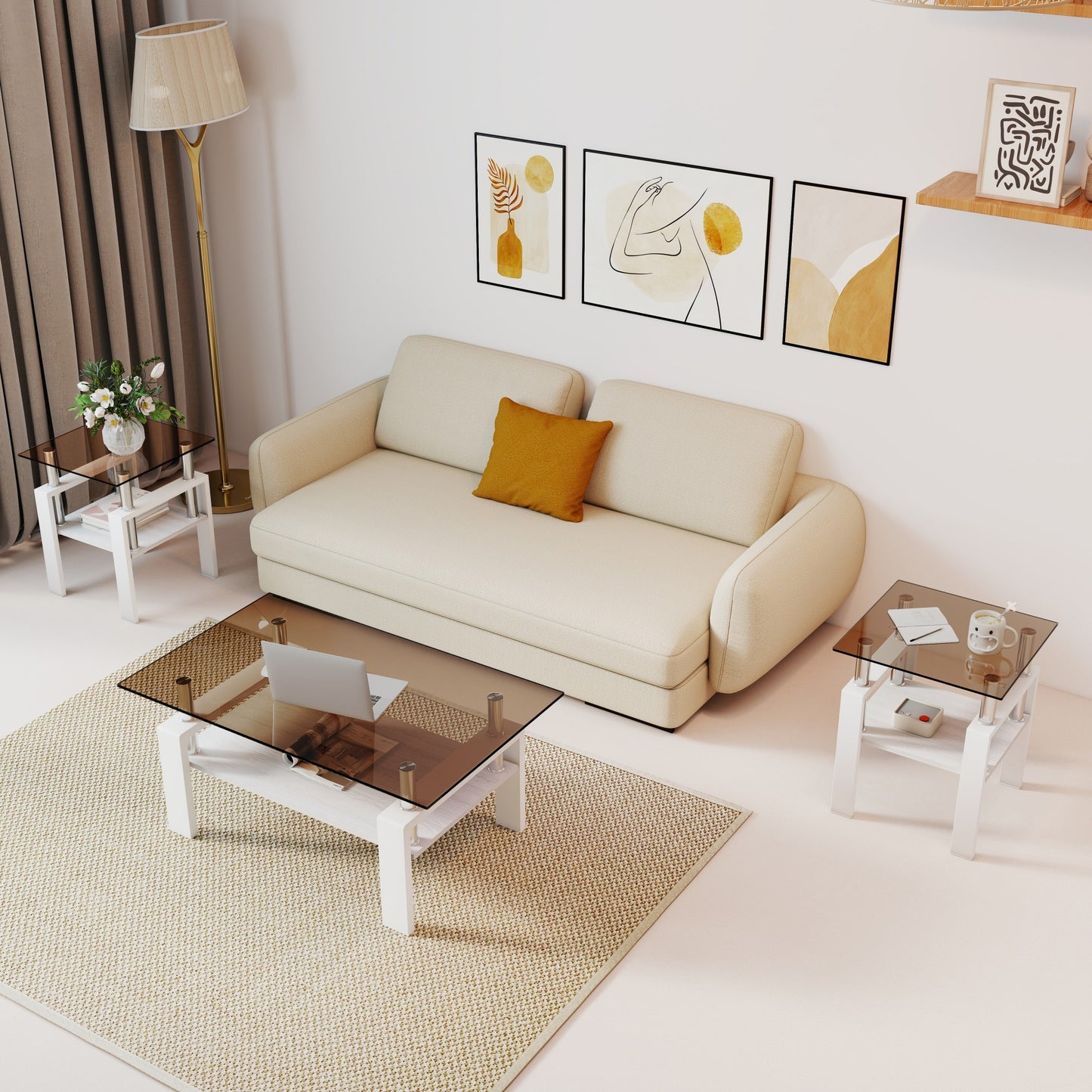Set Of 2 Modern Tempered Glass Tea Table ,Tempered Glass Tabletop With MDF Layer,Coffee Table,End Table, Square Table For Living Room, Brown White