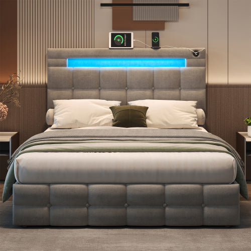 4ft6 Double Upholstered Bed Frame With Hydraulic Storage, Velvet Ottoman Bed With LED Lighting And Charging Station, Double Bed With Adjustable Button Tufted Headboard, Beige