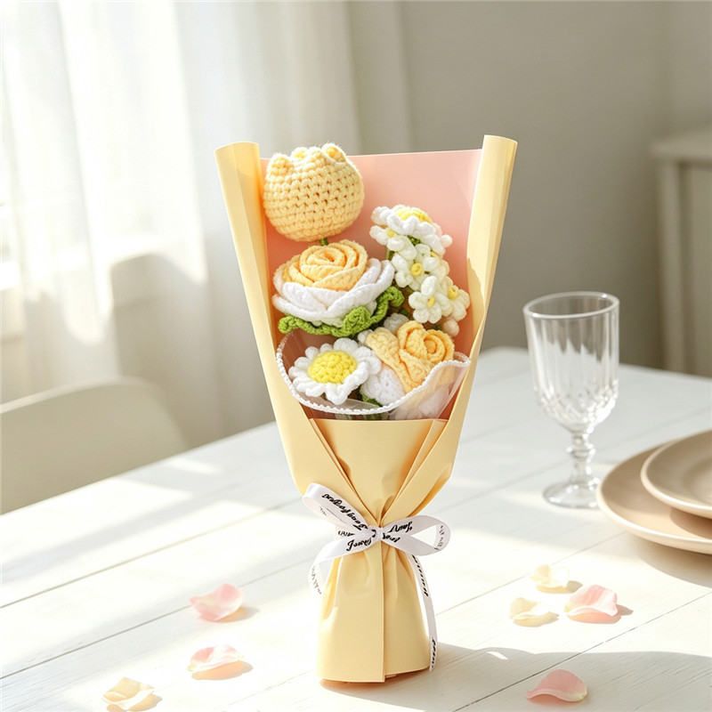 Handmade Crocheted Flower Bouquet, Pale Yellow Tulips And Roses Paired With Daisies, Soft Yarn Everlasting Knitted Bouquet, Indoor Home Decorative Ornament