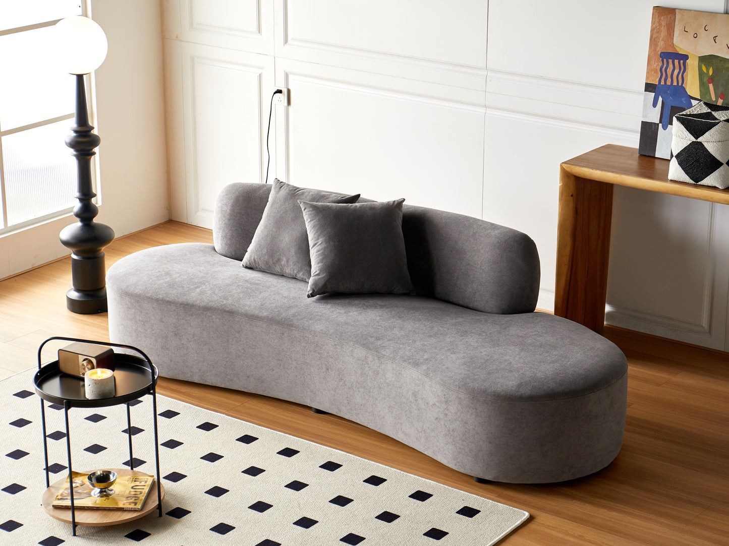 90   Curved Sofa With Throw Pillows, 4 Seater Luxury Velvet Couch With Half Moon Design And High-Density Foam, Ideal For Modern Living Room, Office & Apartment, Grey
