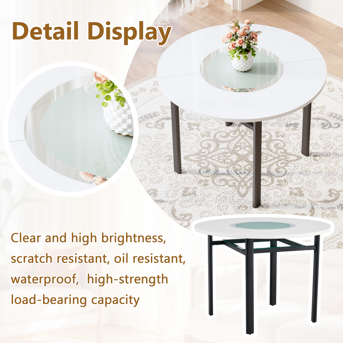 Table And Chair Set.42 Inch Modern Minimalist White Desktop Round Dining Table Set.Paired With 6 White Artificial PU Chairs With Curved Widened Cushion Design.Suitable For Dining Rooms,office,etc.