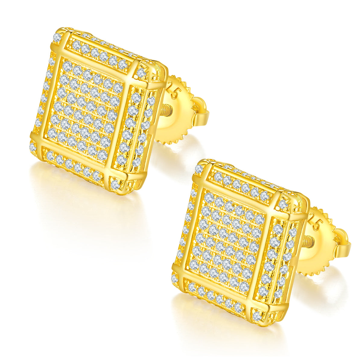 S925 Sterling Silver 176pcs D Color VVS1 Moissanite 3D Square Earrings 11.5mm Screw Back Hypoallergenic GRA Certified Gift Box