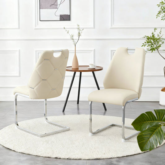 Dining Chairs Set Of 2, Off White Faux Leather Kitchen Chairs With Gold Mesh Texture, Silver Back Ring And Chrome Pull Handle, High Back Upholstered Dining Room Chair  Off White, Set Of 2