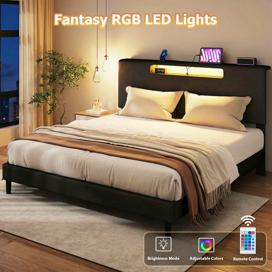 King Size Bed Frame With Charging Station And Adjustable LED Light Wood Slat Support Bed Frame With Upholstered Headboard No Box Spring Needed Easy Assembly