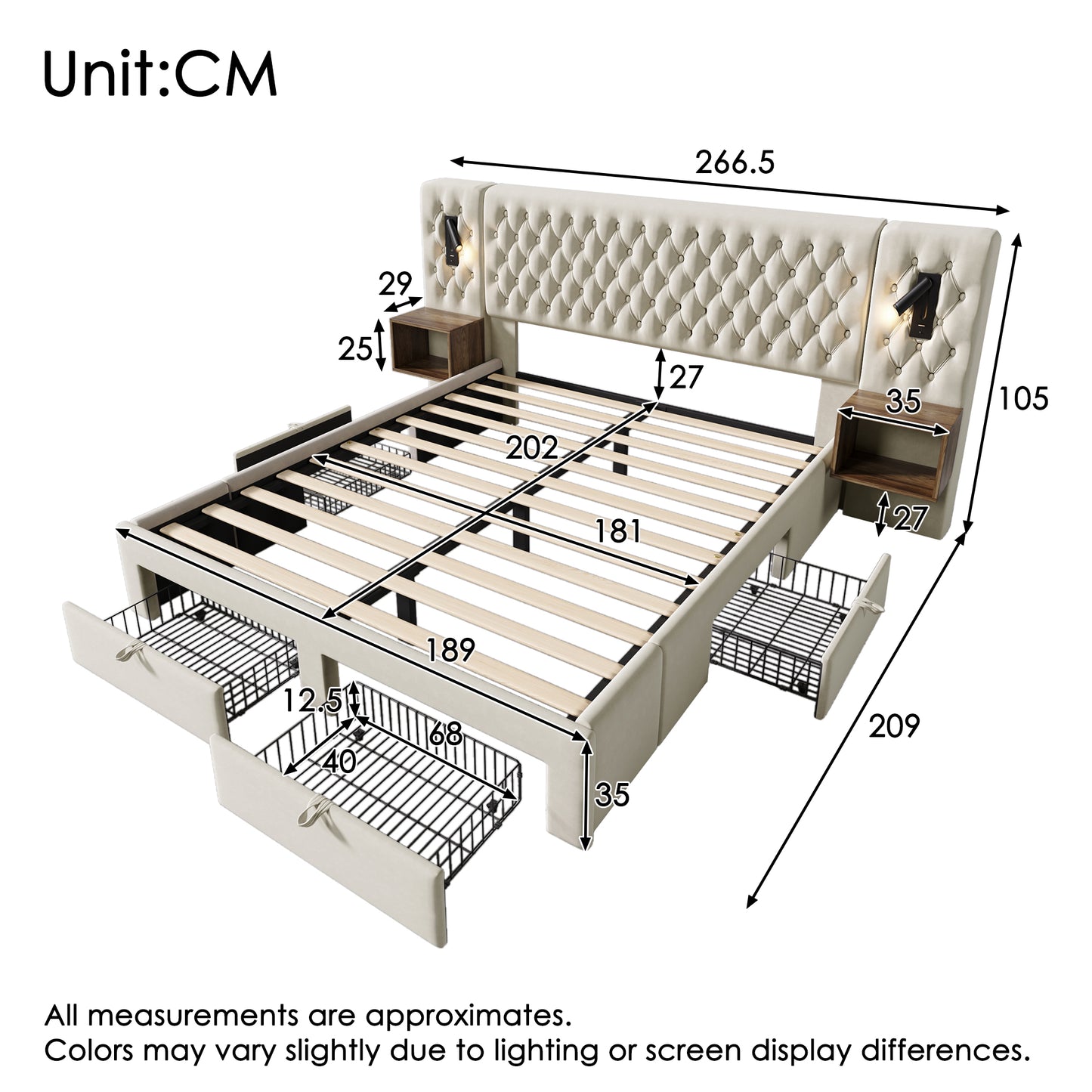 AB30261123B Bed System Bedroom Complete Set, Upholstered Bed Double Bed 180X200 Cm With 2 Bedside Tables And 4 Drawers, Headboard Reading Light With USB Charging Function, Beige, Velvet  Without Mat
