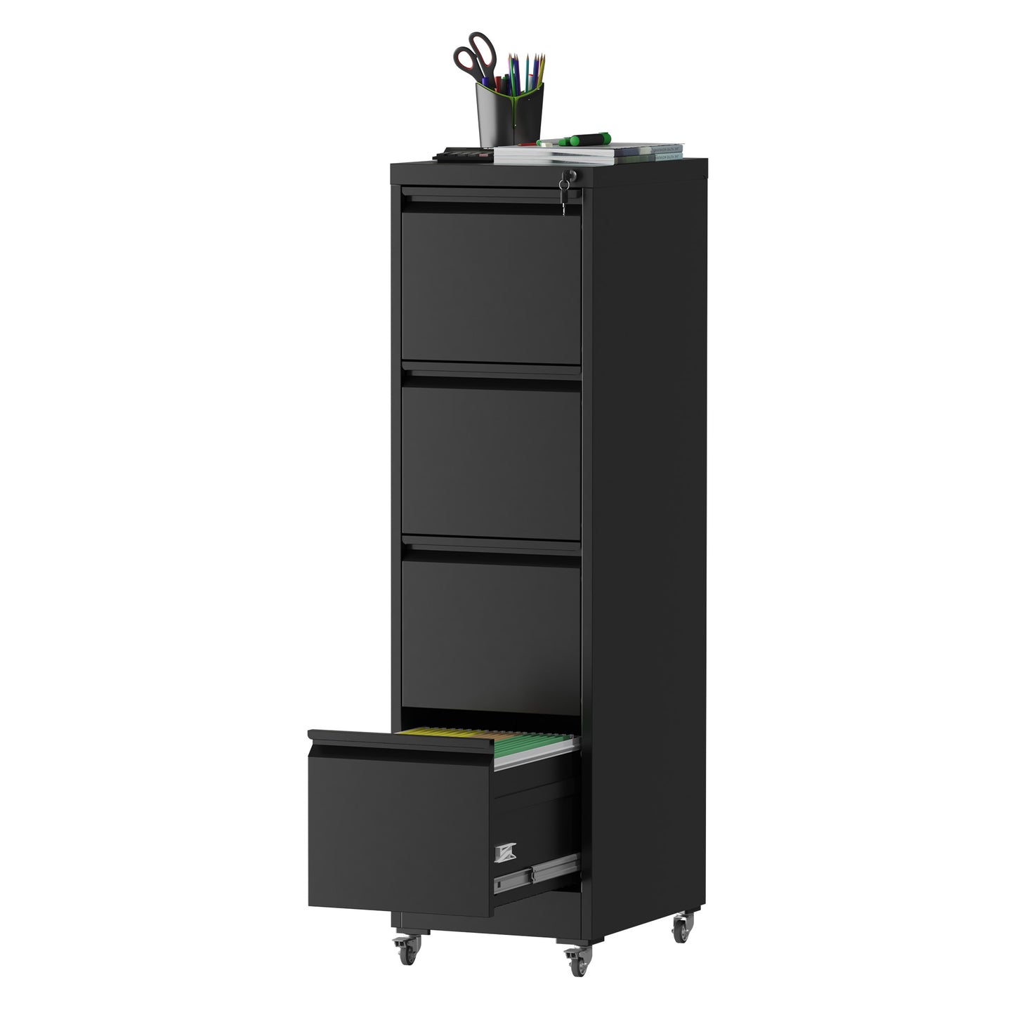 4 Drawer Metal Locking Vertical File Cabinet On Wheels -Heavy-Duty Lockable Cabinet For Home & Office, Black, 17.71 Dx15.16 Wx52.28 H,Black