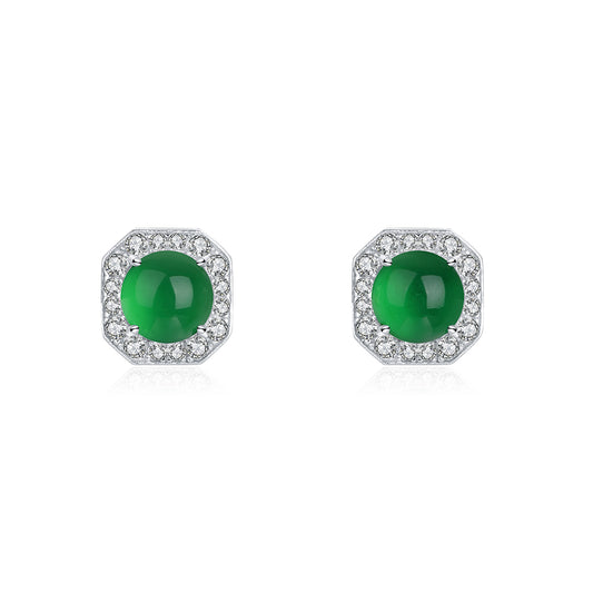 S925 Sterling Silver Octagon Halo Stud Earrings, 6mm Round Green Chrysoprase, Platinum Plated 2.3g, Elegant Women's Jewelry With Gift Box Set