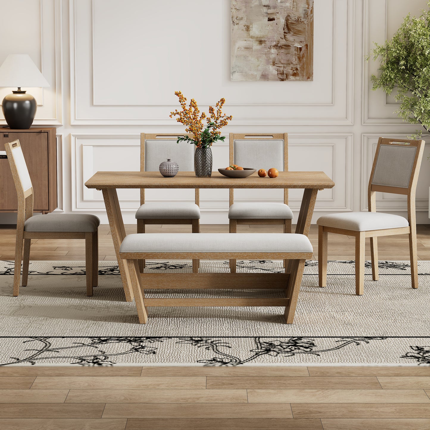 TREXM 6-Piece Retro Dining Table Set For 6  60 Wood Kitchen Table And Chairs Set Of 4 With Bench Designed Trestle Base For Kitchen & Dining Room  Natural Wood Wash