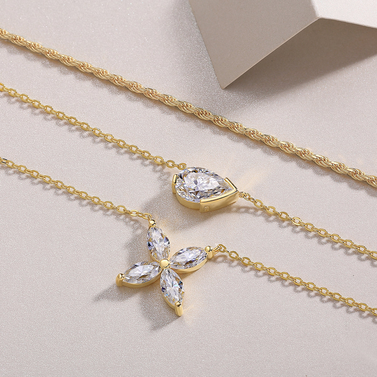 S925 Silver Gold Plated Layered Necklace, 7x11mm Pear D-VVS1 Moissanite, 10.8g Triple Chain Fine Jewelry With GRA Certificate Gift Box