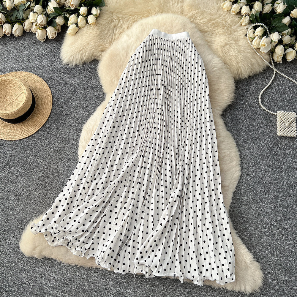 Korean-style Mid-length Polka-dot Pleated Skirt Elegant Midi Skirt