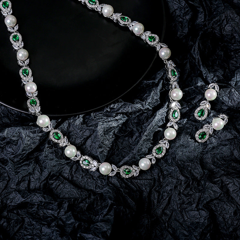 Korean Wedding Luxury Pearl Necklace Earrings Suit Full Diamond AAA Zircon Banquet Exquisite Accessories Bridal Jewelry