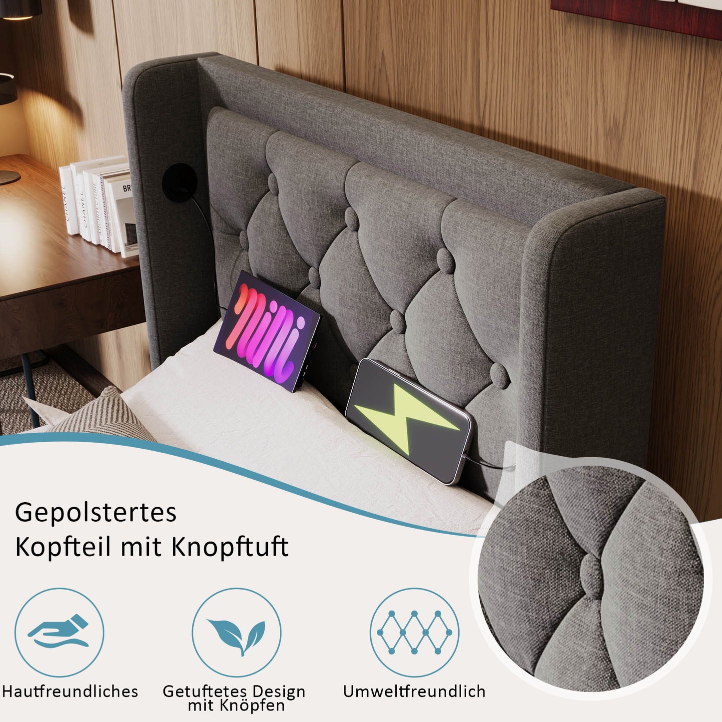 Sofa Bed Single Bed 90x200 Cm, Grey Cotton-Material Hydraulic Storage Bed, Cushioned Headboard With USB Type-C Charging Function, 3-sided LED Function Without Mattress