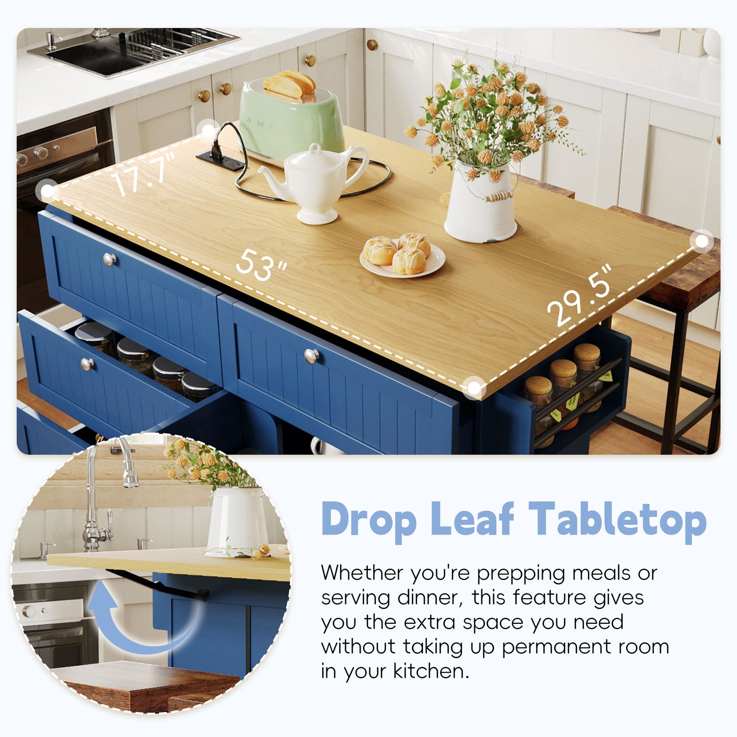 Available TOPMAX Farmhouse Kitchen Island With Drop Leaf And 2 Seatings, Kitchen Table Set With Storage Cabinet, Drawers, Door Shelves And Power Outlet, Blue