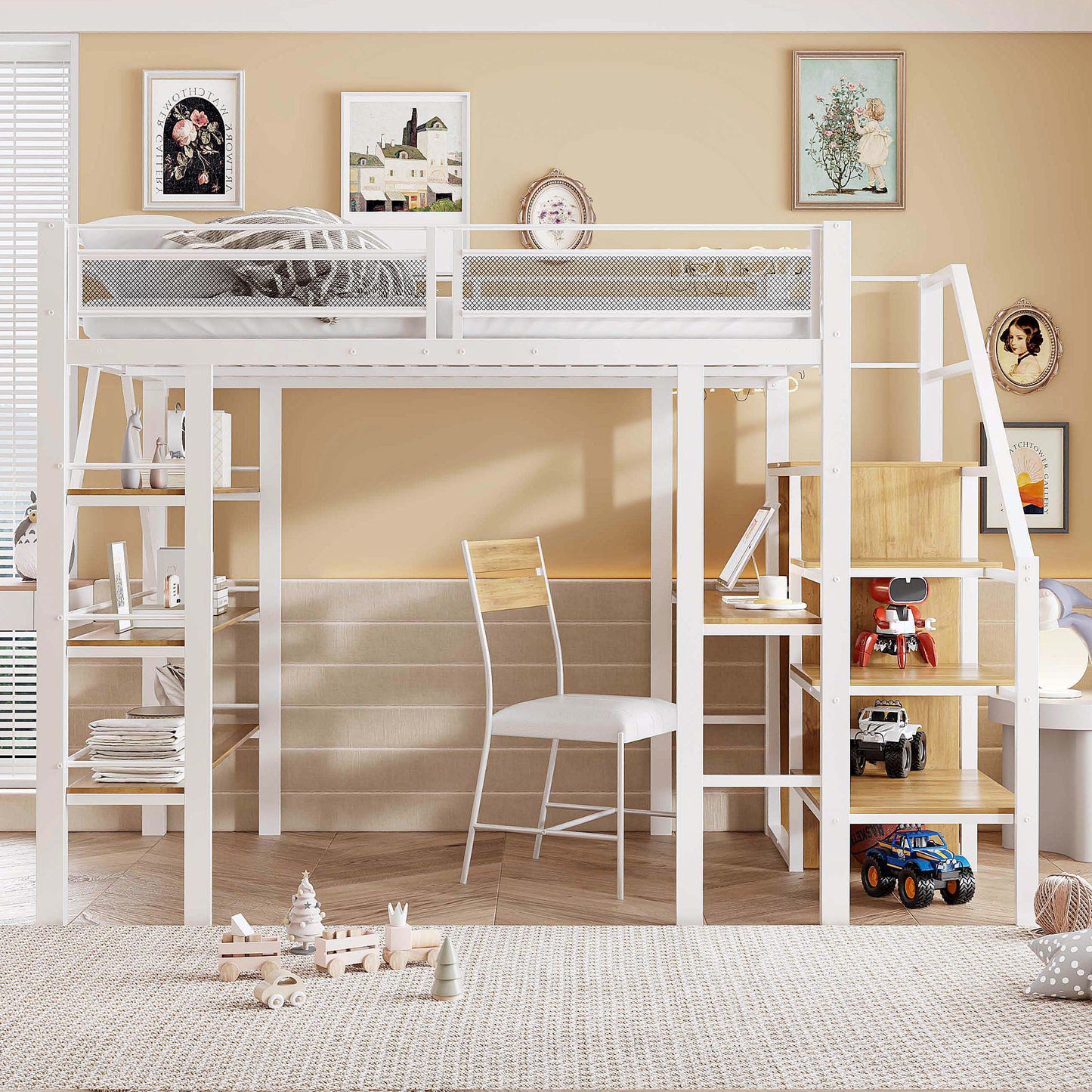 Loft Bed 140x200cm, Three-layer Storage Shelf, Desk, Wardrobe, Security Steps With Storage Compartment, High Fence Design, Iron Bed, Single Bed, White
