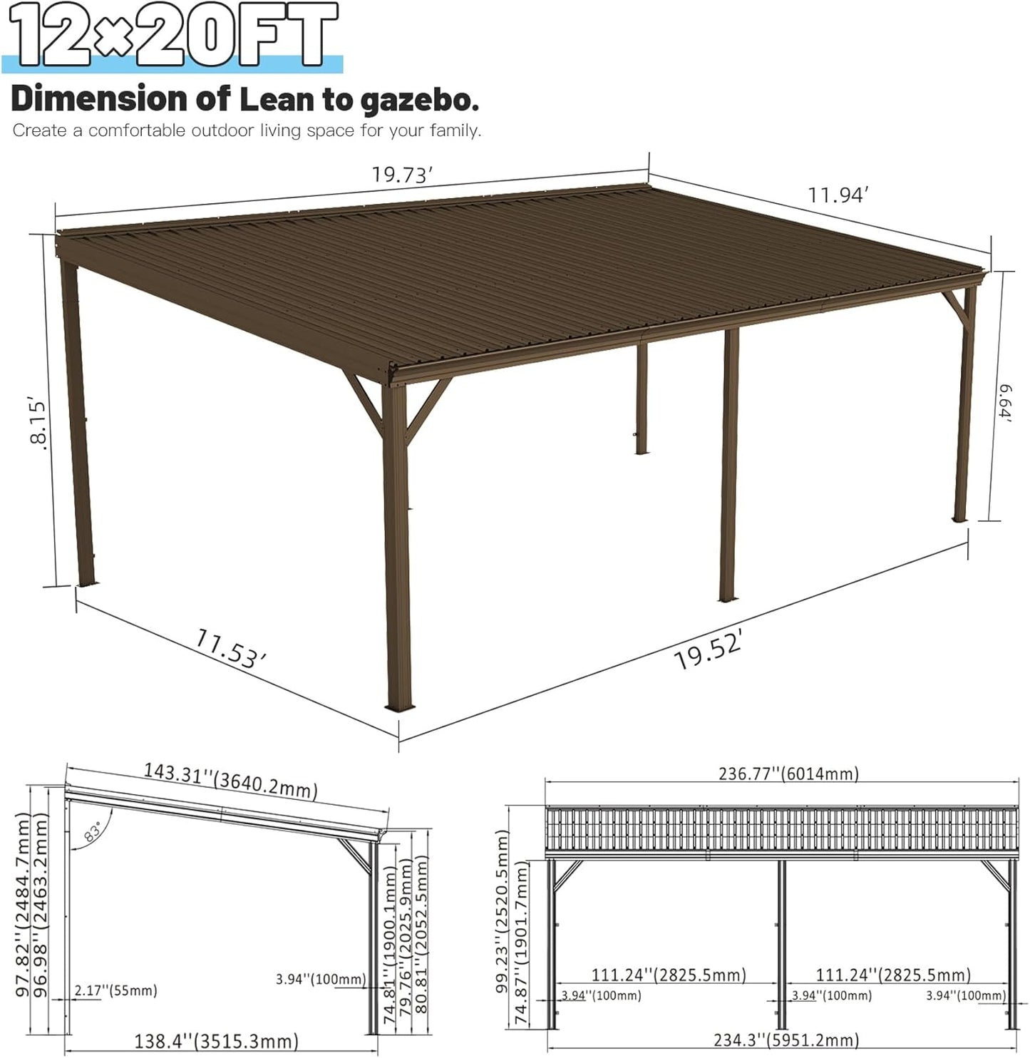 12x20FT Lean To Gazebo, Outdoor Hardtop Wall Mounted Gazebo With Sloping Galvanized Steel Roof, Upgraded Heavy Duty Mounted Shelter With Drainage System For Deck, Porch, Backyard,Brown