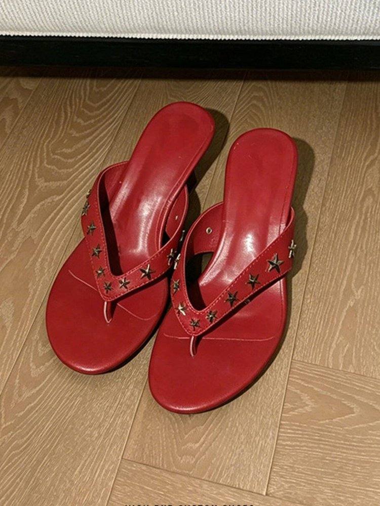 Women's Summer Star Studded Fashion Thong High Heel Slide Sandals, Outdoor Beach Clip-Toe Heeled Flip Flops