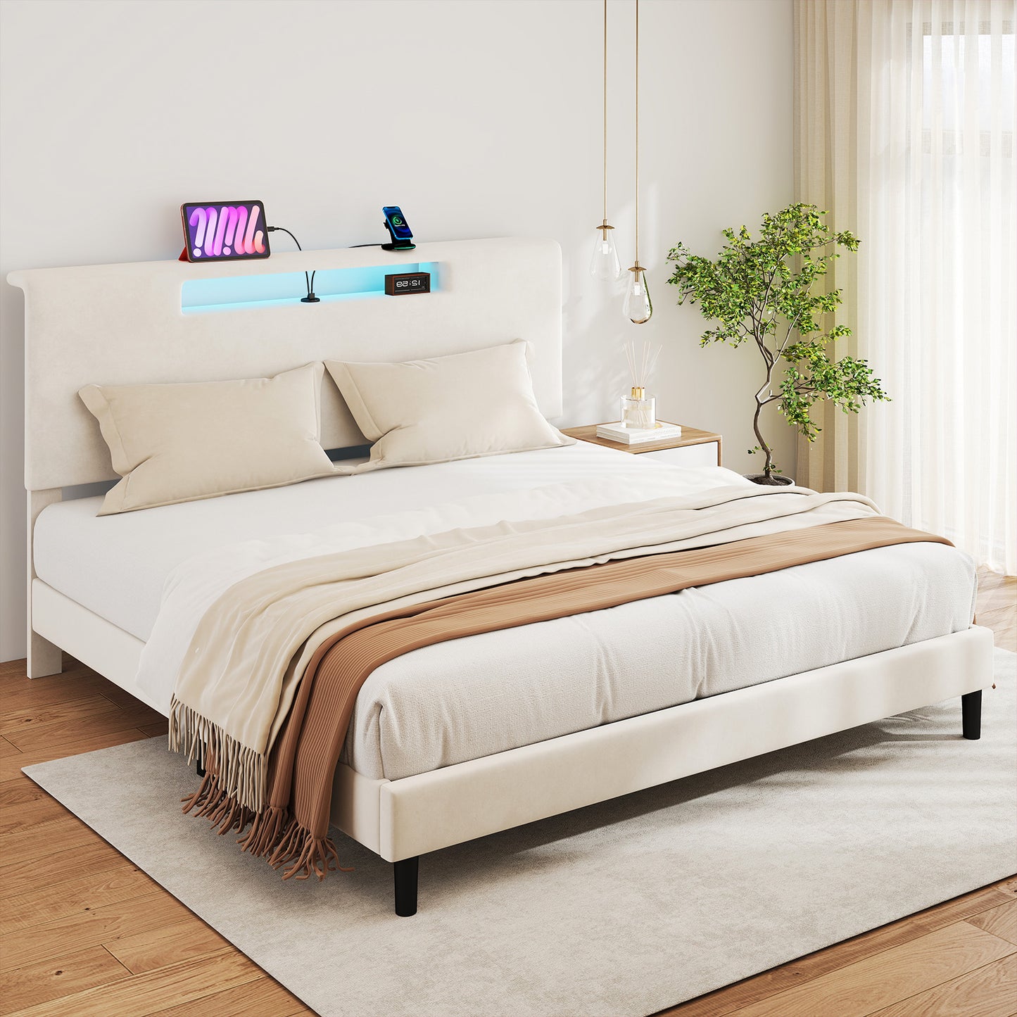King Size Bed Frame Upholstered High Headboard Mattress Foundation Frame With Adjustable LED Light Charging Function Wood Slat Noiseless No Box Spring Needed Easy Assembly