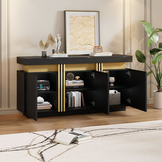 140x38x70cm Modern Black Sideboard Display, 3 Doors, Dining Room Cabinet With Adjustable Dividers, Perfect For Kitchen, Living Room, Dining Room, Hallway,Black And Gol, Wide Handleless Lockers