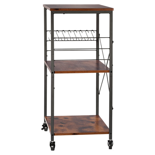 Kitchen Utility Cart, 3 Tier 23.7 In Microwave Stand Coffee Cart, Heavy Duty Storage Rack, Service Trolley On Wheels, Industrial Rolling Work Table With 8 Hooks, For Mini Oven, Toaster, Vintage