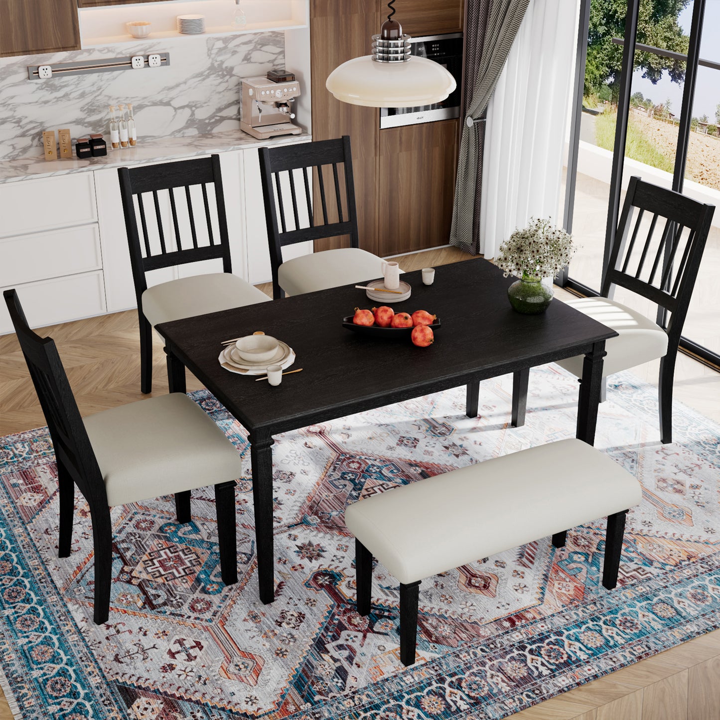 6-Piece Retro Dining Room Set, Classic Kitchen Furniture Set, Wooden Rectangular Table And 4 Chairs With Bench For Kitchen & Dining Room, Easy Assembly, Space Saving, DOVETAIL GREY  N752S000031