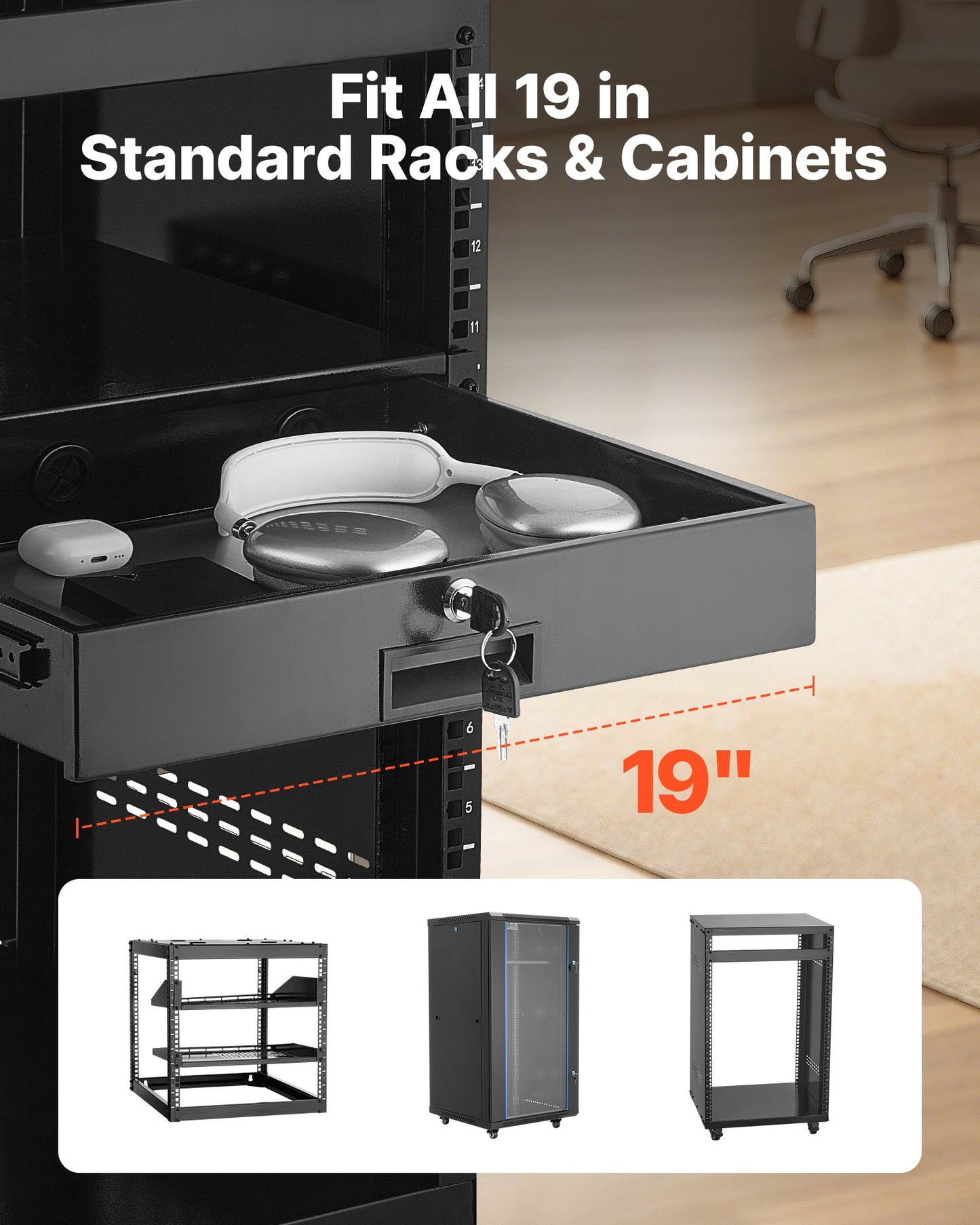 2U Rack Mount Drawer, 50 Lbs Max Load-Bearing, Lockable Server Cabinet Case, Sliding Drawer With Lock And Cable Management Holes, For 19 In Network Equipment Server AV Rack Or Cabinet Enclosure