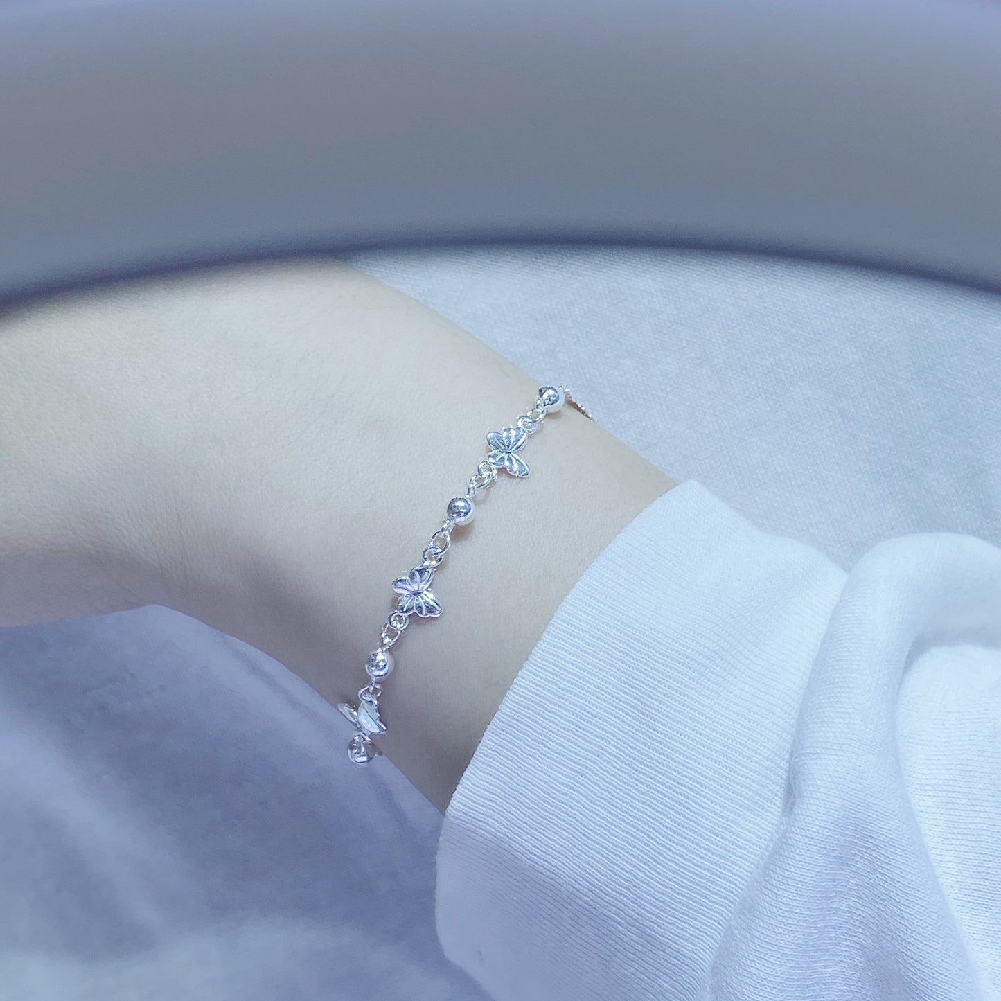 1pc 999 Sterling Silver Butterfly & Bead Chain Bracelet, Delicate Style, Perfect For Daily Wear And Valentine's Gift