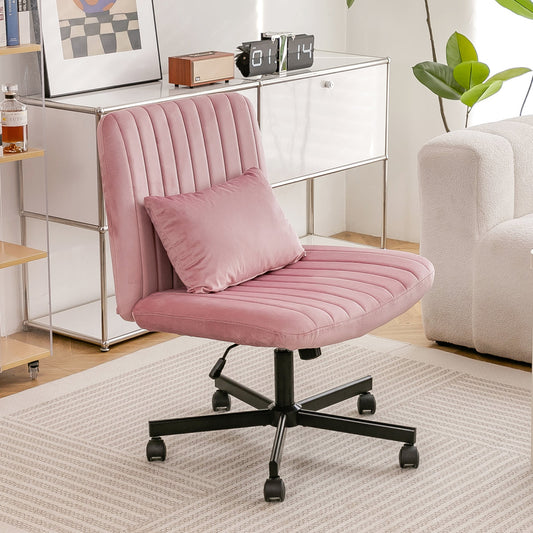 Light Pink Velvet Criss Cross Armless Office Chair with Wheels - Versatile for Home Office, Meditation & Makeup