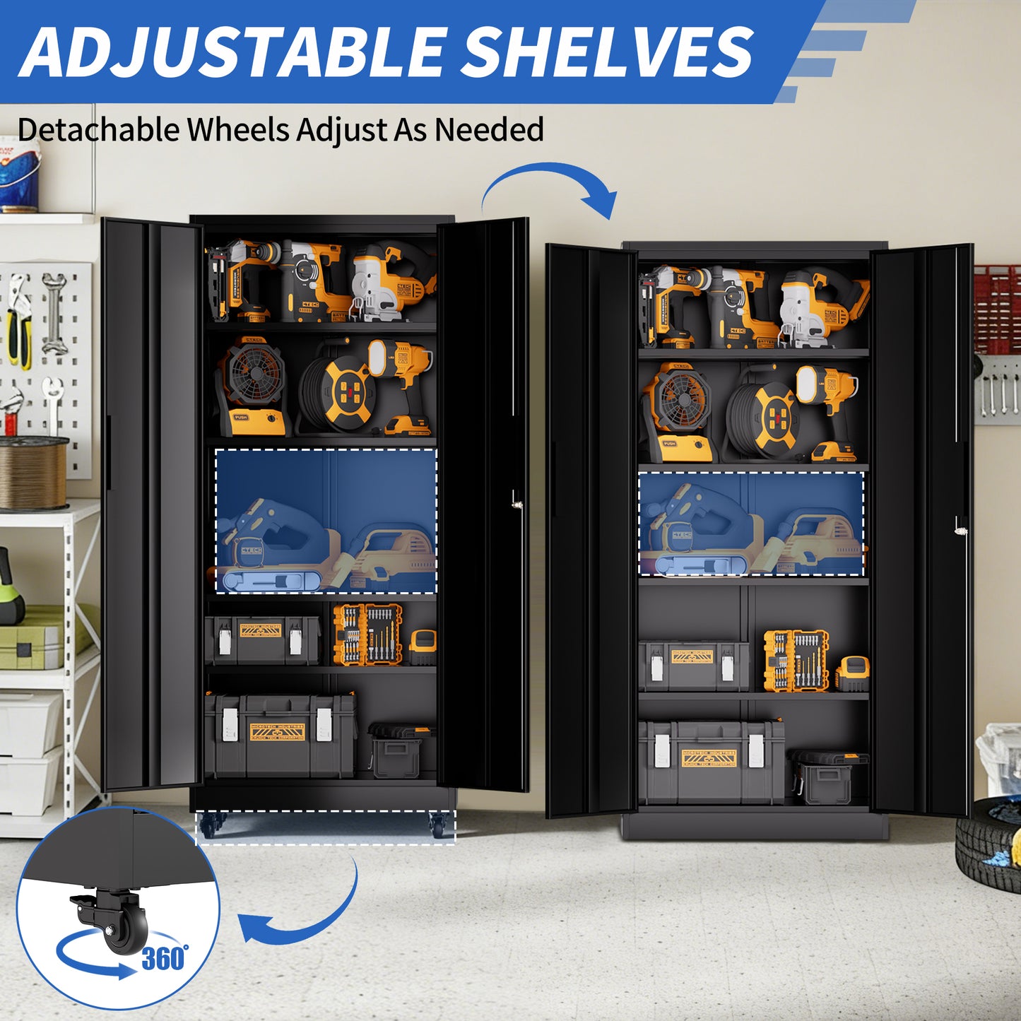 Garage Storage Cabinet With Wheels And Lock, 71 Inch Heavy Duty Rolling Metal Cabinet, 4 Adjustable Shelves  180lb Each , 3-Point Locking Security, For Tool Organization In Garage, Workshop, Office