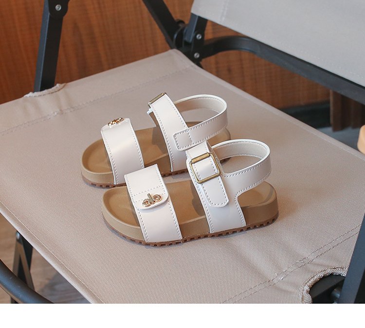 Girls' Fashion Letter Metal Button Sandals Korean Version Baby Velcro Single Shoes Girls' Leather Shoes