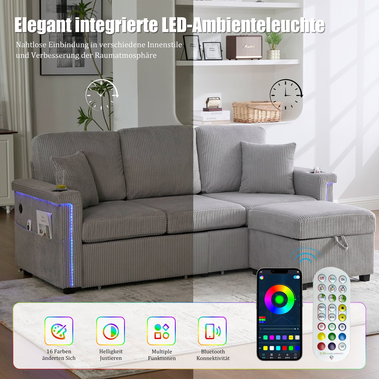 High-quality Velvet Sofa With LED Lighting & USB-C Port, Including Storage Footboard, Practical Cup Holders And Side Pockets  Premium Quality For The Living Room, Bedroom Or Office. Light Grey