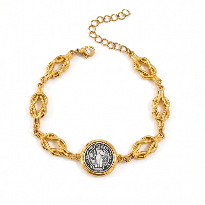St Benedict Medal Bracelet For Women Men, Stainless Steel Knot Chain San Benito Coin Charm Bracelet, Religious Protection Jewelry Gift