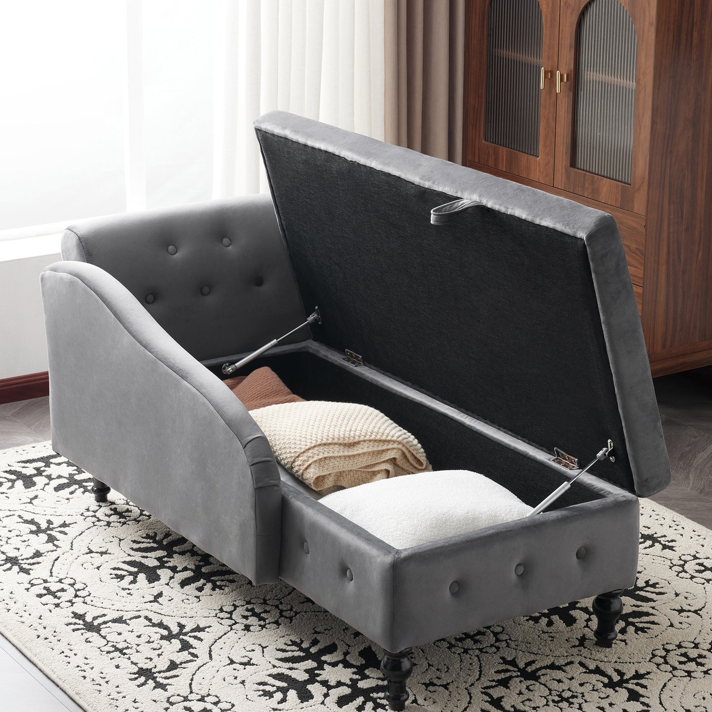 Velvet Chaise Lounge Sofa With Storage, Upholstered Chaise Lounge Couch With Pillow For Living Room, Modern Nailhead-Trim & Button-tufted Lounge Chair, Bedroom And Office, Right Armrest
