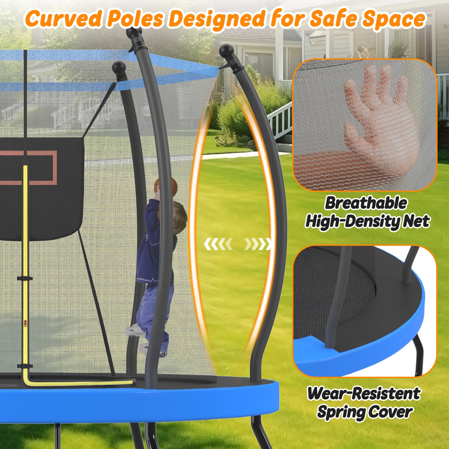 8FT Trampoline With Basketball Hoop, Enclosure Net And Ladder, Outdoor Trampoline For Kids, Recreational Backyard Trampoline