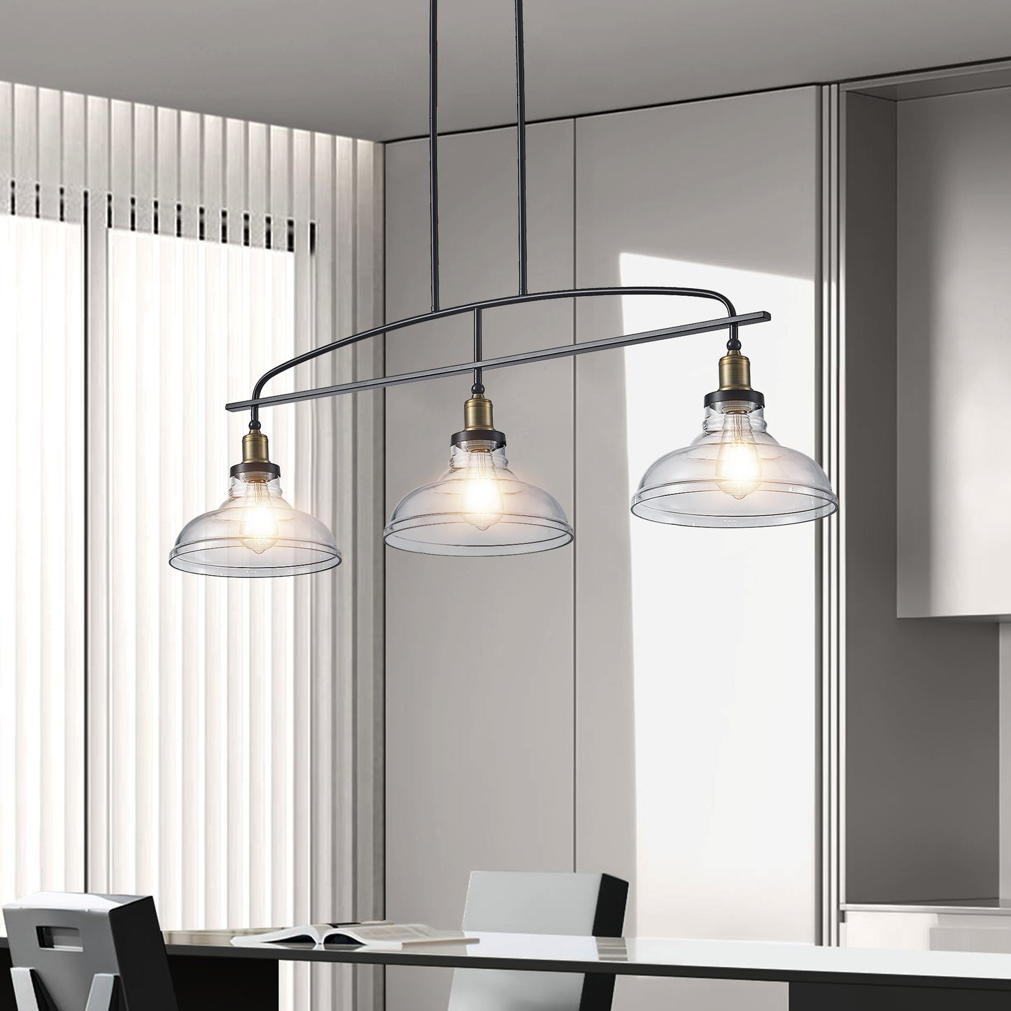 45  Industrial 3-Light Pendant Chandelier With Clear Glass Shades, Black Metal Frame, Adjustable Height, Modern Farmhouse Lighting For Kitchen Island, Dining Room, Or Living Room Bulb Not Included