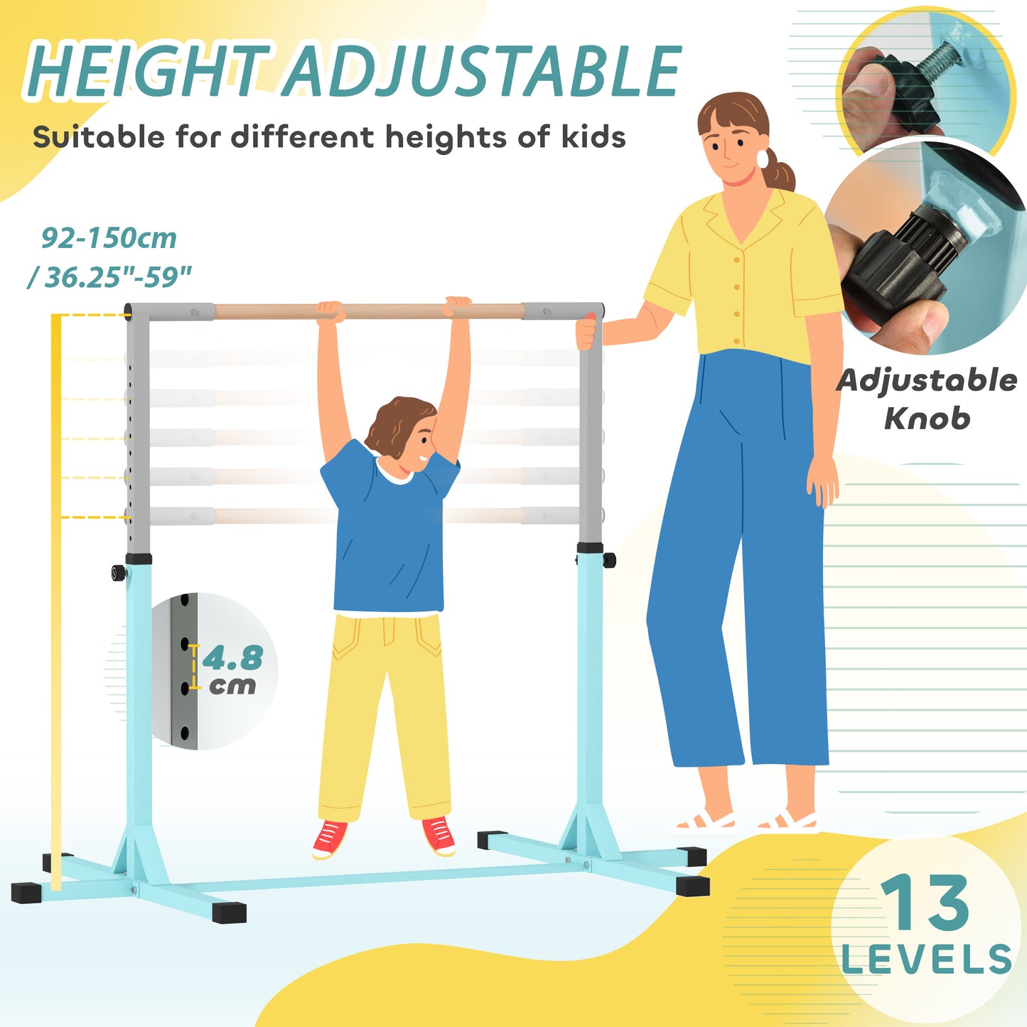 Height Adjustable Gymnastics Horizontal Bar For Kids, Children Junior Kip High Bar Fitness, Light Blue