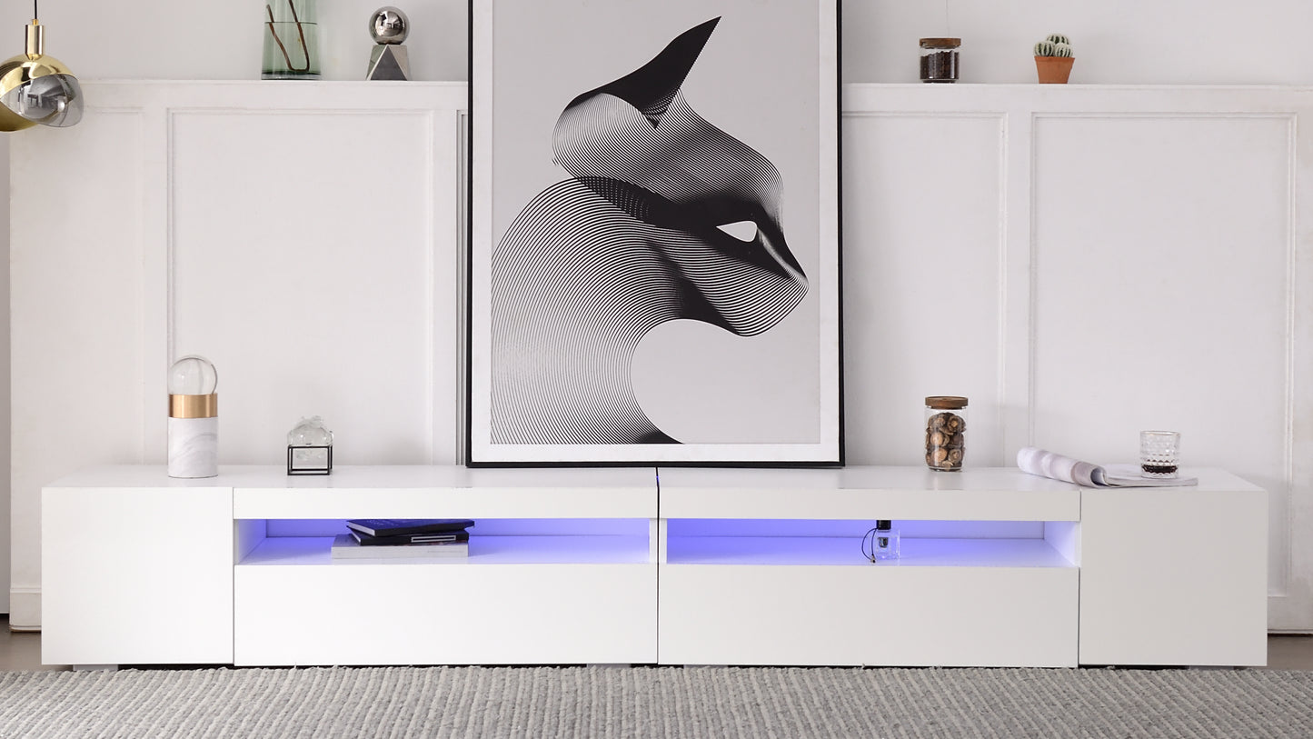 White Modern TV Cabinet, Bright Panel, Adjustable LED Lighting, Living And Dining Room 240cm Shiny Panel, Not High Gloss