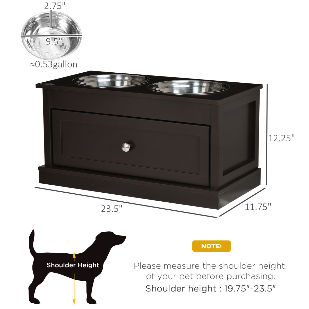 Large Elevated Dog Bowls with Storage Drawer Containing 11L Capacity, Raised Dog Bowl Stand Pet Food Bowl Dog Feeding Station, Brown