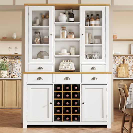 Kitchen Pantry Cabinet With Wine Rack, 185cm Tall Storage Cabinet With Glass Doors, 5 Drawers & Adjustable Shelves, White