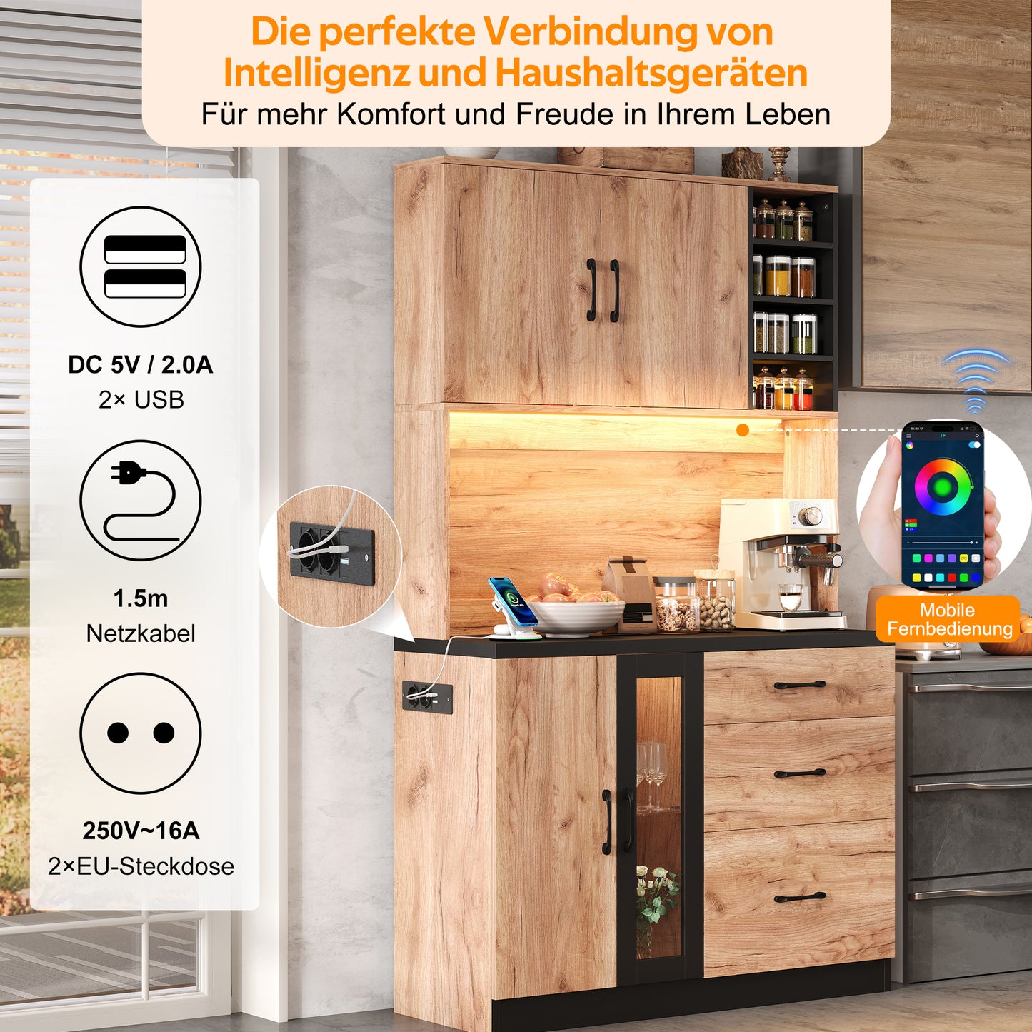 105 X 40 X 180 Cm Modern Kitchen Tall Cabinet, Black And Wood Look With LED Lighting, Adjustable Shelves And Euro-style Socket, Suitable For Kitchens, Dining Rooms, Living Rooms, Etc.